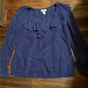 EXPRESS 100% Silk Ruffle Blouse‎ Navy  purple Blue Size Small (0947)